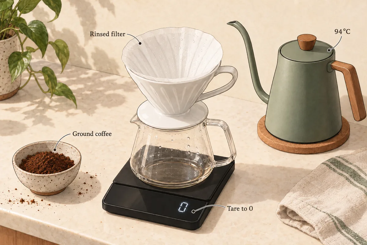 V60, empty rinsed paper filter, kettle, coffee and scale, ready for guided setup.